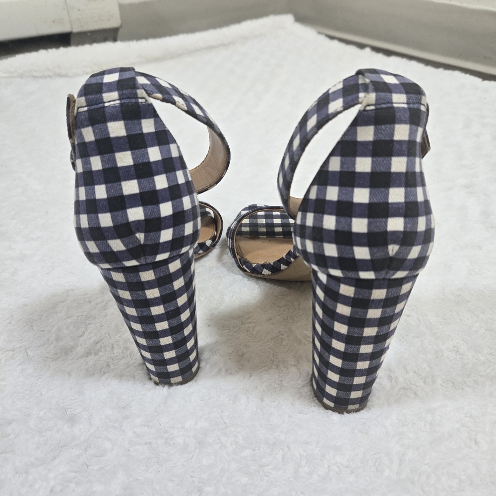 J Crew Gingham Heels Retro Chunky Ankle Strap Blue White Plaid - Picture 3 of 6